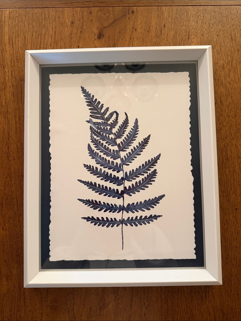 Framed Navy Fern Print Wall Art - White Frame